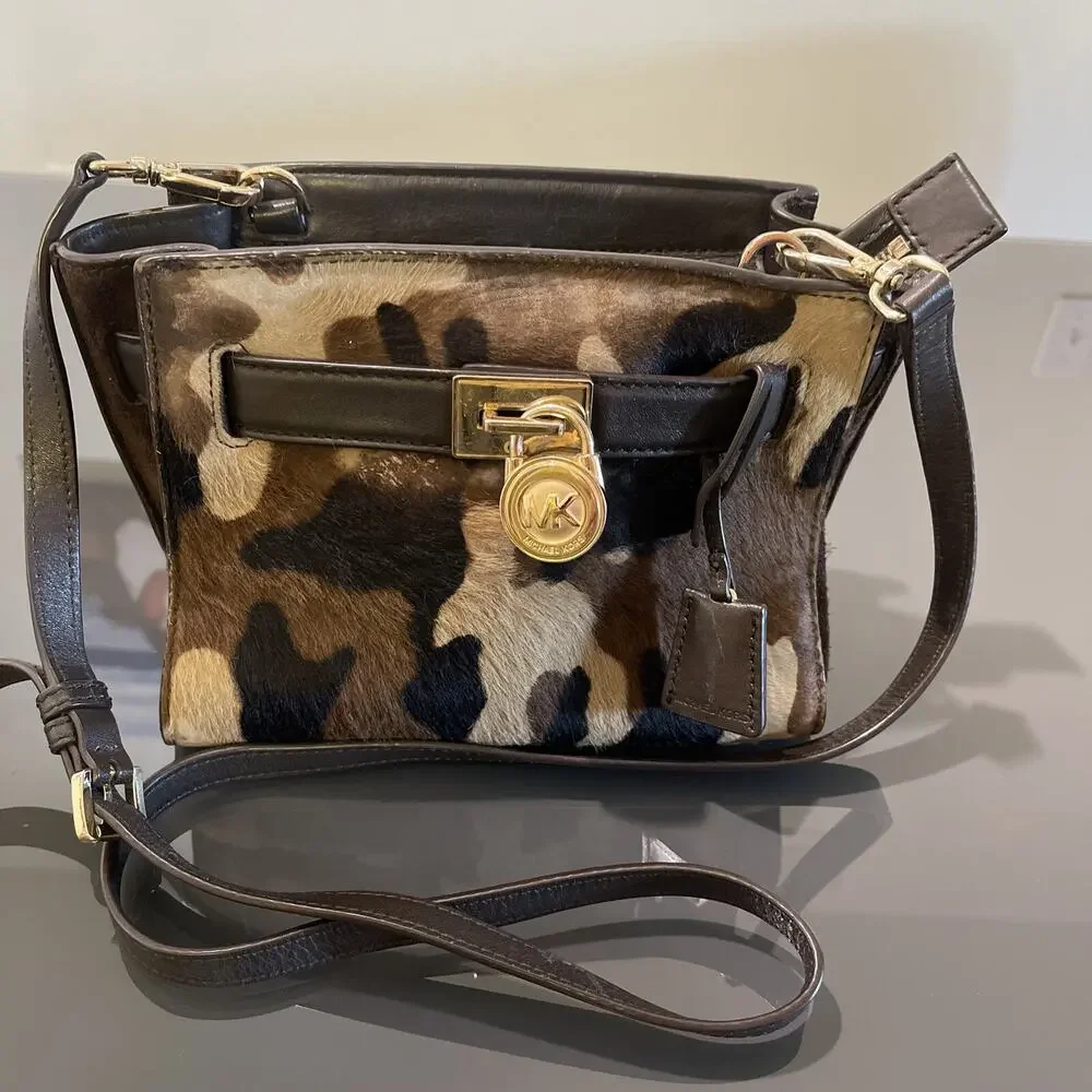 Michael Kors Hamilton Brown Suede Calf Hair Camouflage Handbag Purse Bag